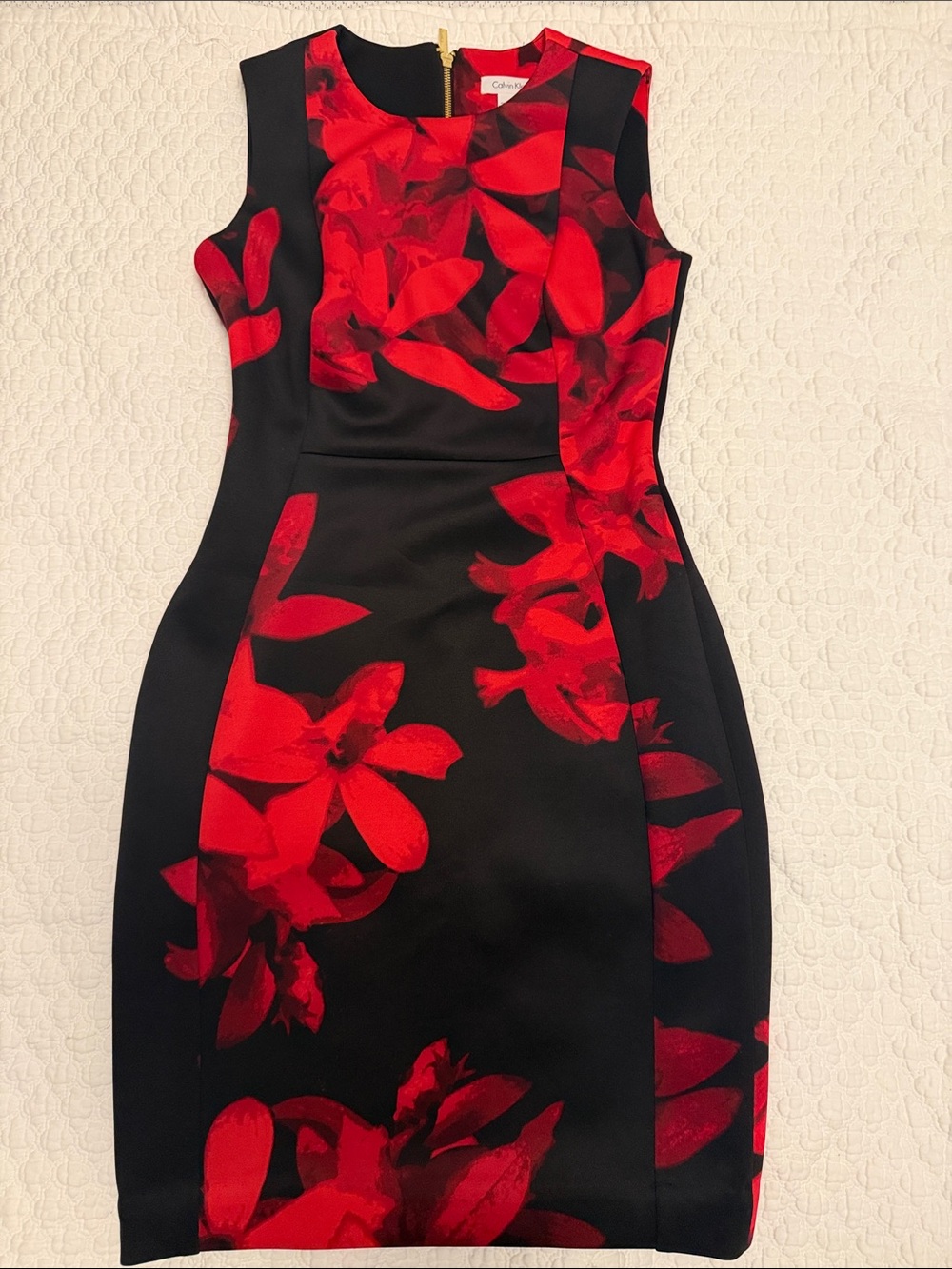 Calvin Klein Black Dress with Bold Red Floral Pattern